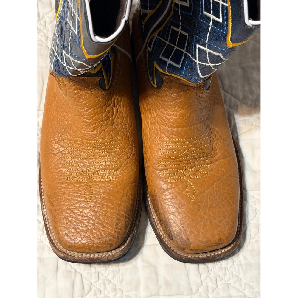 Alfa Western Boots Men 9.5 Wide 2EE Brown Navy Blue Square Toe Cowboy Leather - Picture 4 of 8